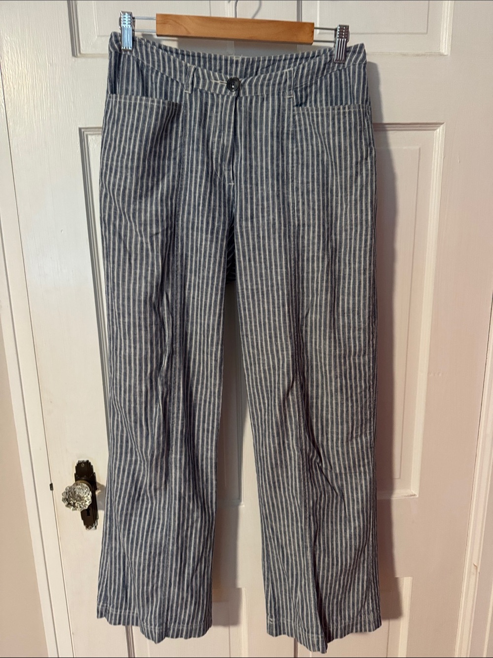 Sundance Andover Women's Blue White Stripe Linen Cotton Wide-Leg Pants Coastal